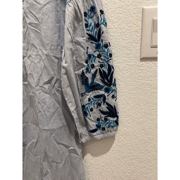 Zara Kaftan Top Womens M Stripe‎ Cotton Boho Gypsy Tassel Embroidered Blue NWT - Picture 15 of 16